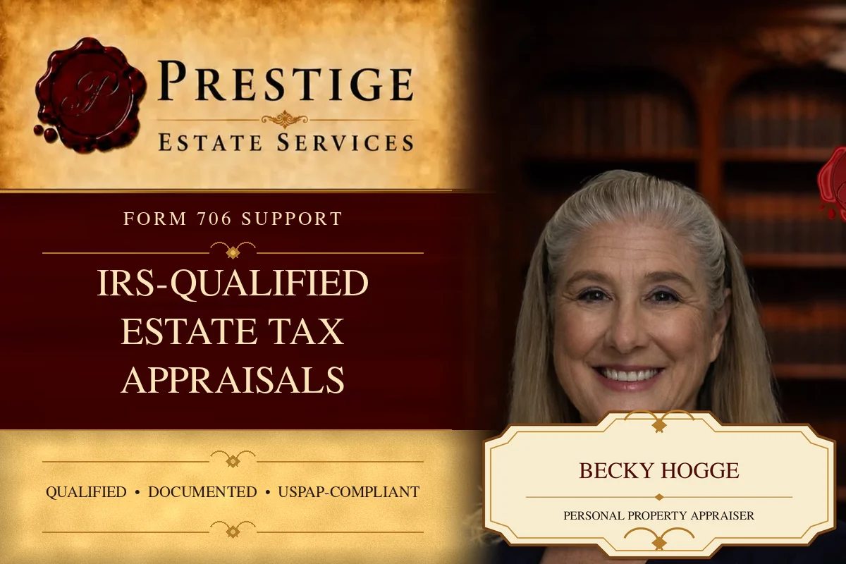 Becky Hogge on the Prestige Estate Services IRS-qualified estate tax appraisal card.