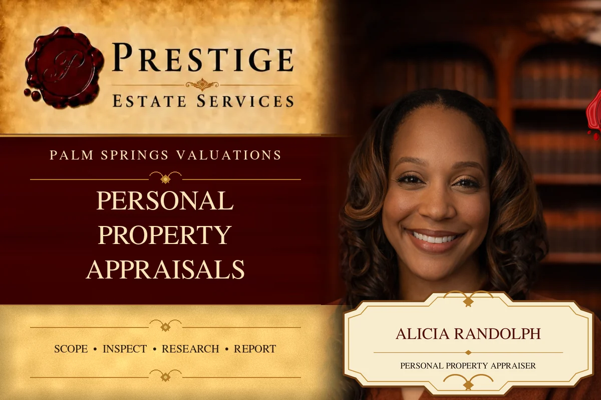 Alicia Randolph on the Prestige Estate Services personal property appraisal card.