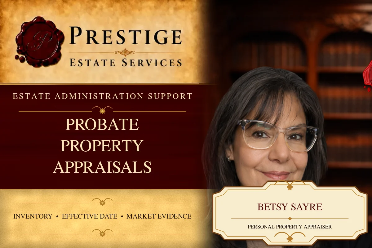 Betsy Sayre on the Prestige Estate Services probate appraisal card.