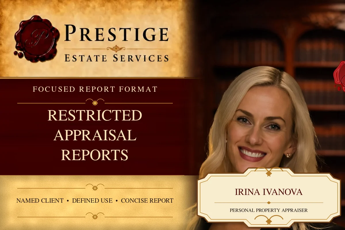 Irina Ivanova on the Prestige Estate Services restricted report appraisal card.