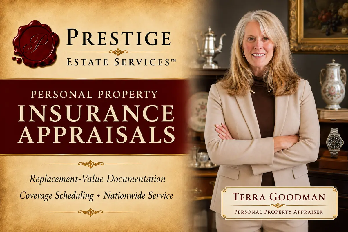 Branded personal property insurance appraisal graphic featuring appraiser Terra Goodman