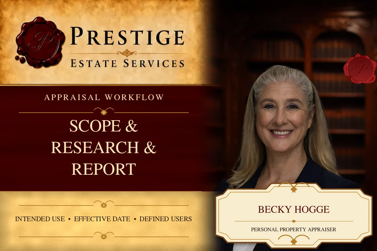 Prestige Estate Services probate appraisal workflow topic card featuring Becky Hogge