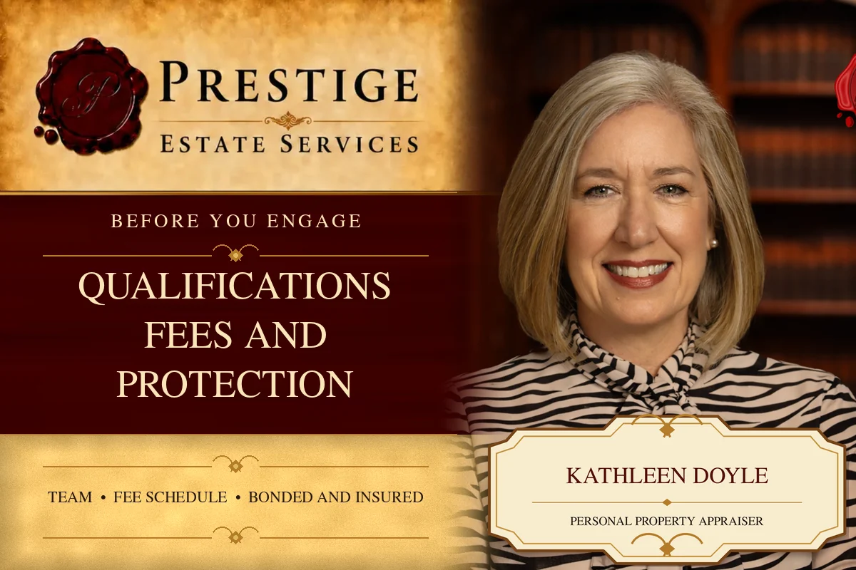 Kathleen Doyle of Prestige Estate Services with qualifications, fees, and engagement-protection topics
