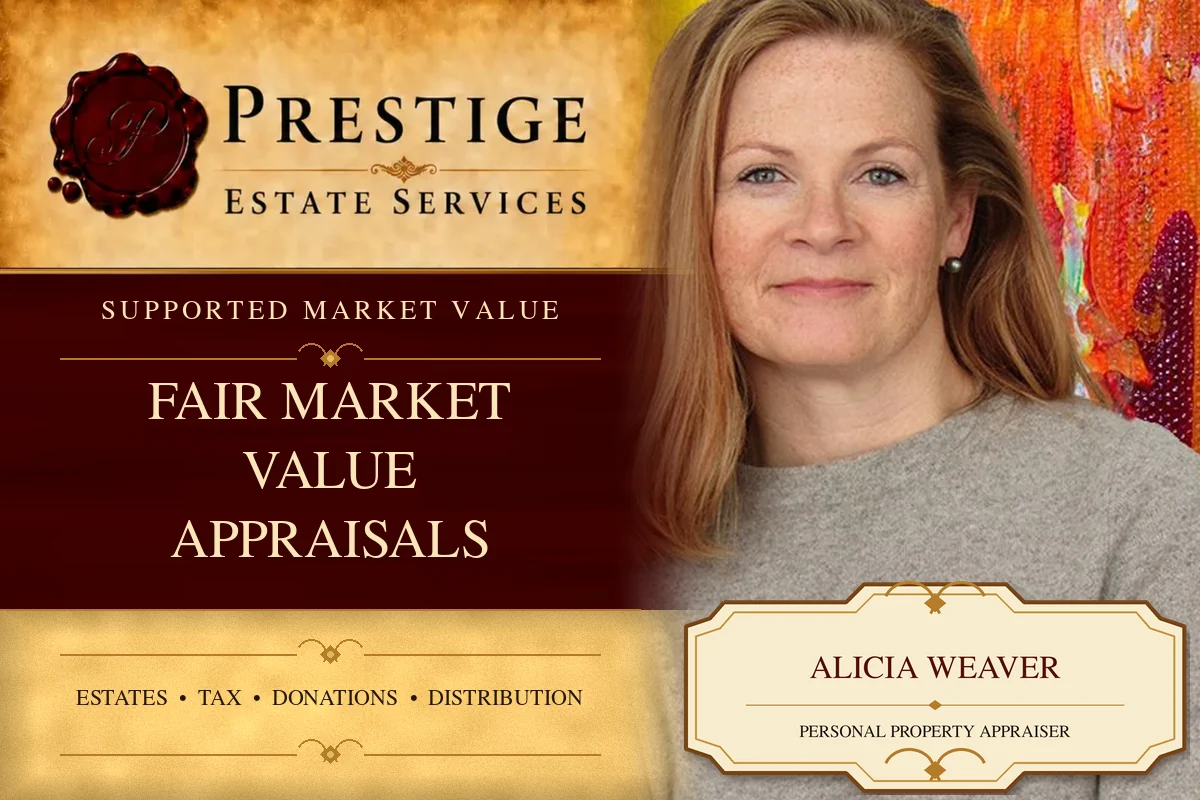 Alicia Weaver on the Prestige Estate Services fair market value appraisals card.