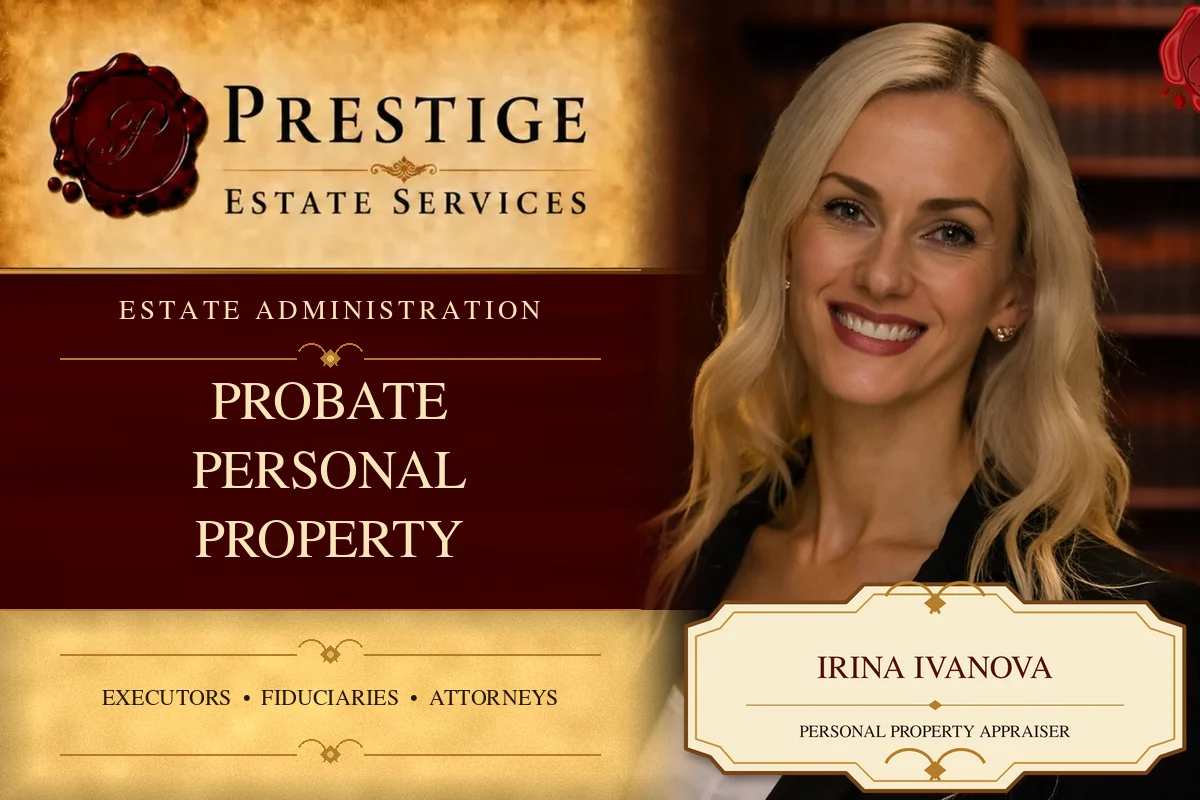 Irina Ivanova on the Prestige Estate Services probate appraisals card.
