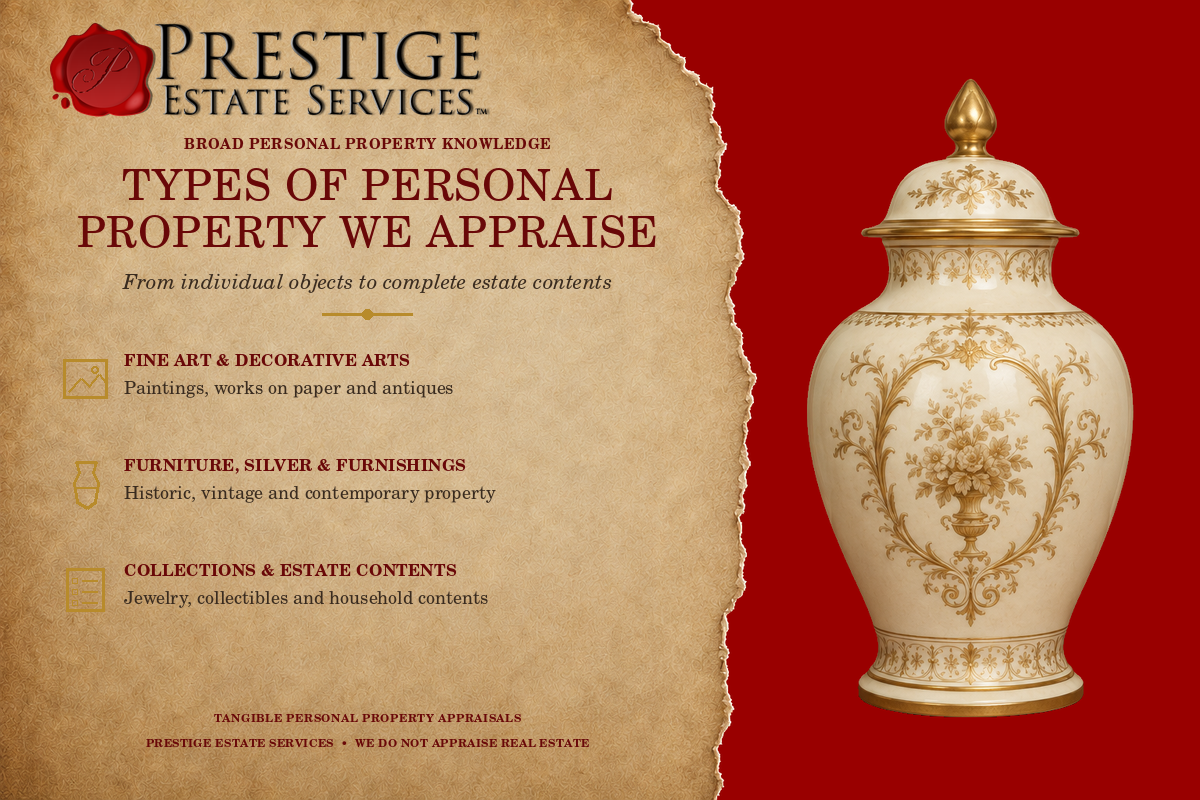 Types of personal property appraised including art antiques furnishings and collections