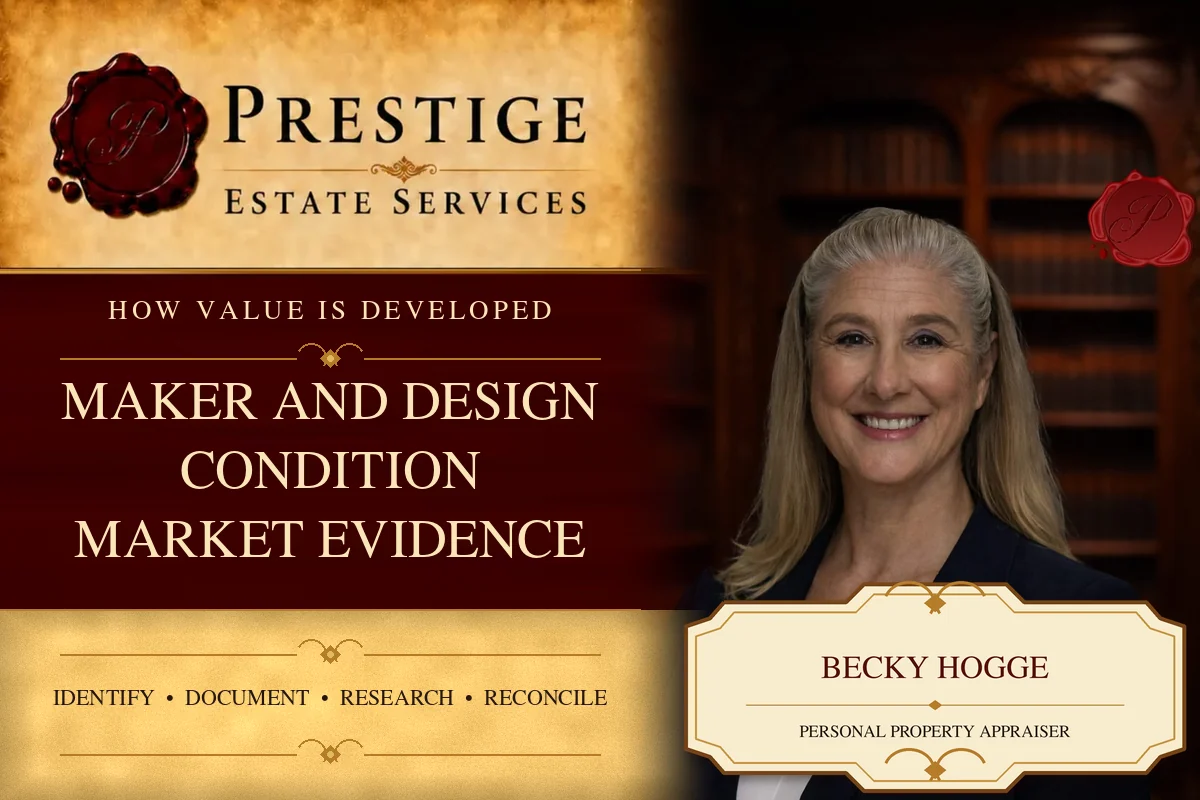 Becky Hogge of Prestige Estate Services illustrating factors considered in furniture appraisal value