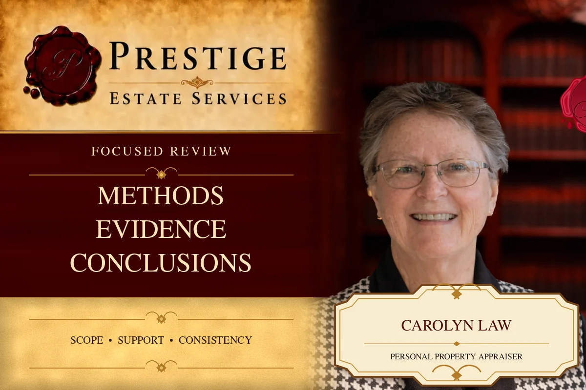 Carolyn Law of Prestige Estate Services on a card explaining what an appraisal review examines.