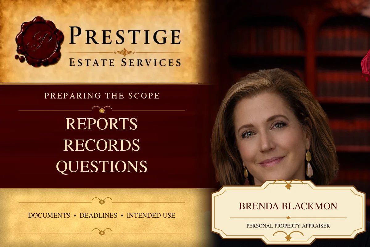 Brenda Blackmon of Prestige Estate Services on a card outlining what counsel should provide for an appraisal review.