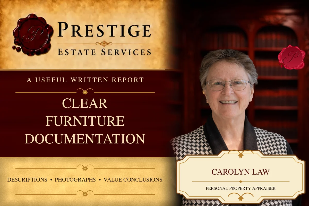 Carolyn Law of Prestige Estate Services illustrating clear furniture appraisal report documentation
