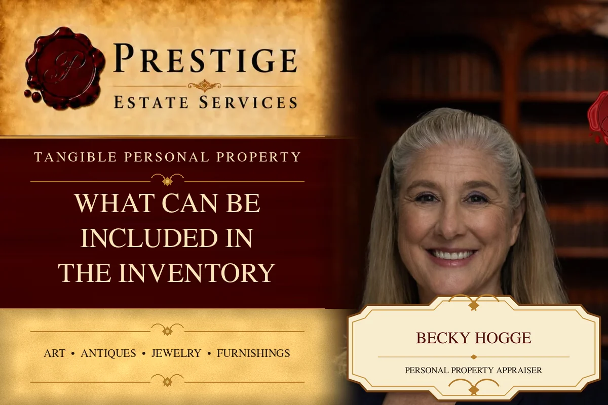 Prestige Estate Services appraiser Becky Hogge with personal property categories that may be included in an estate inventory