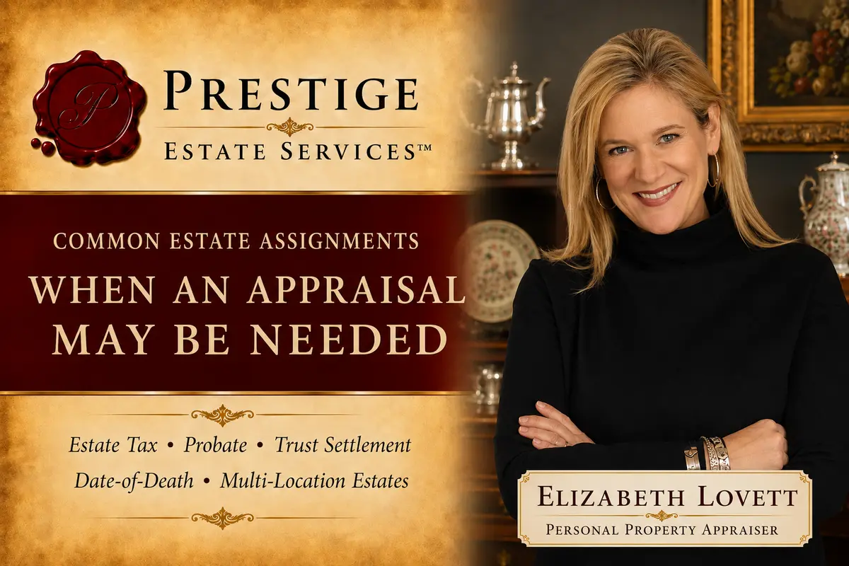 Prestige Estate Services estate appraisal decision card featuring Elizabeth Lovett