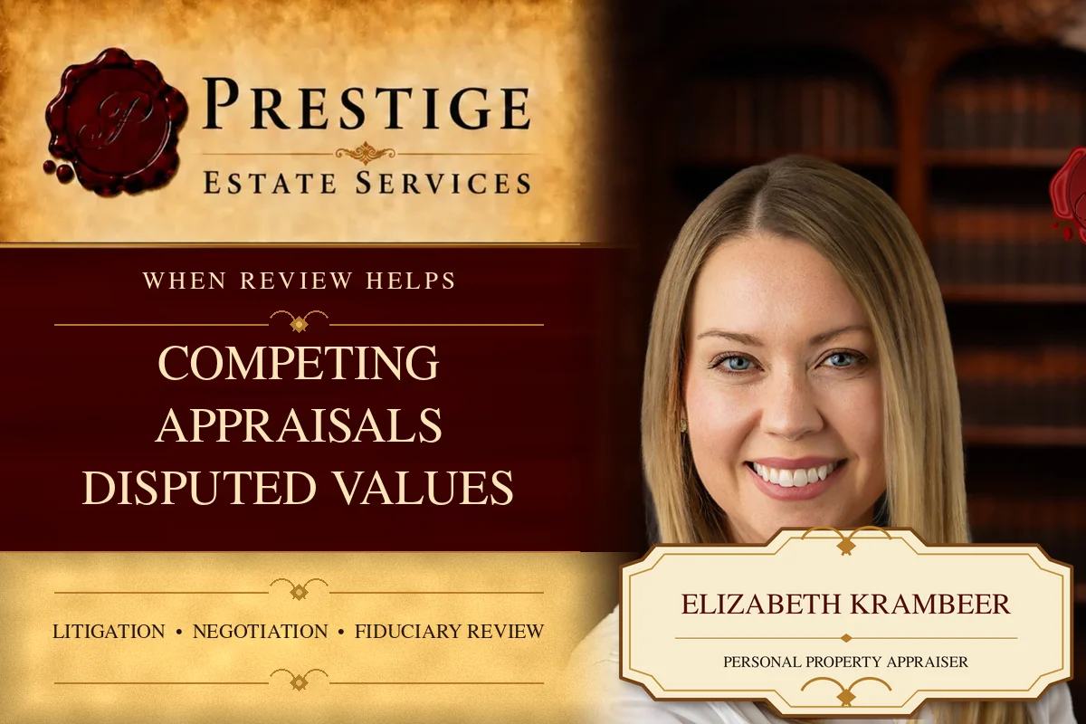 Elizabeth Krambeer of Prestige Estate Services on a card explaining when an independent appraisal review may be useful.