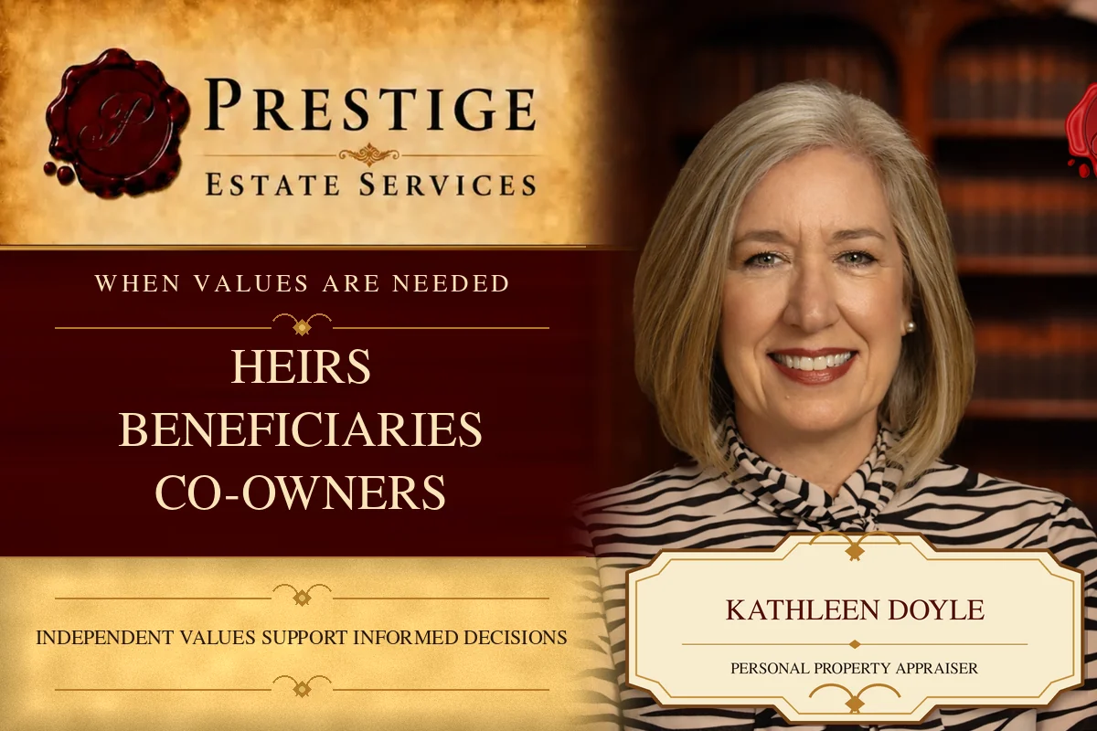 Kathleen Doyle of Prestige Estate Services for personal property values needed by heirs, beneficiaries, and co-owners