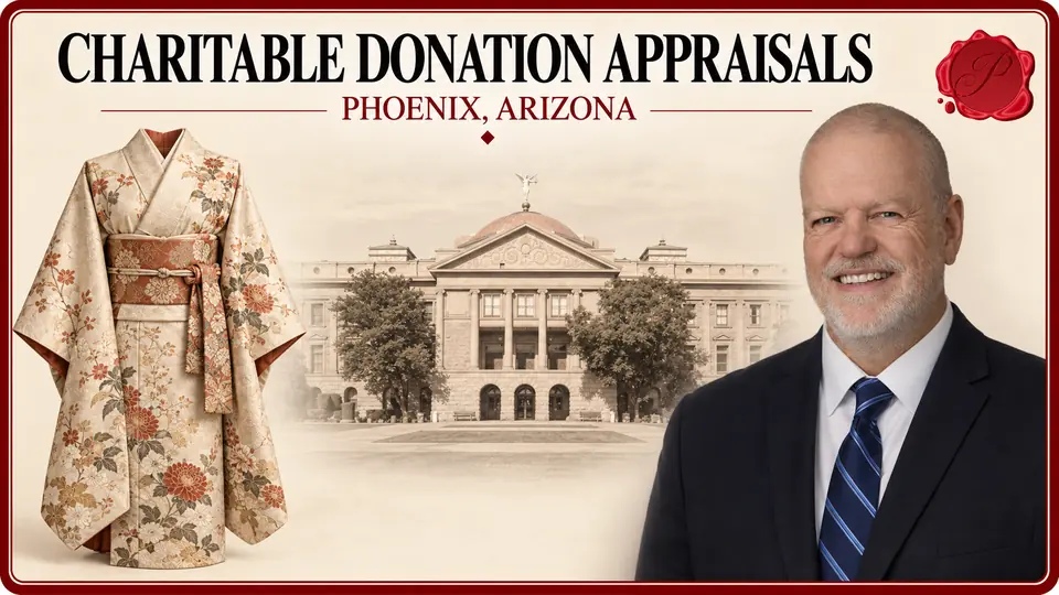 Charitable Donation Appraisals card with a floral kimono, an appraiser portrait and the Arizona Capitol in Phoenix, Arizona.