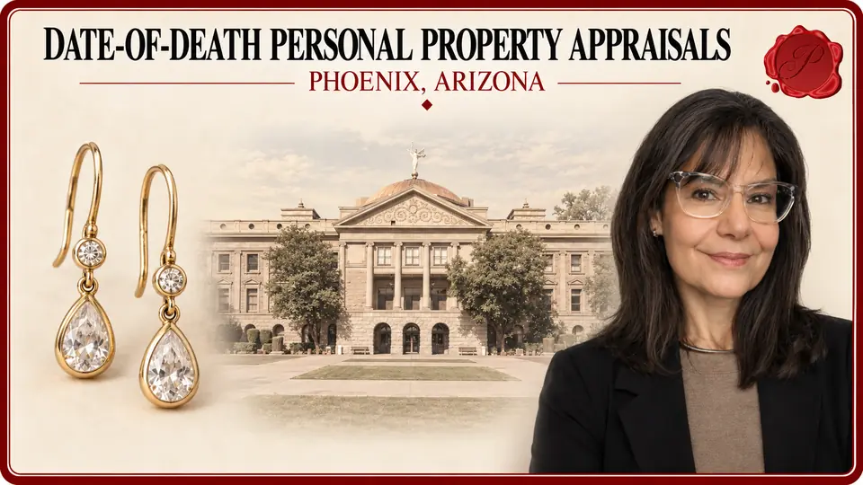 Date-of-Death Personal Property Appraisals card with a pair of gold-colored drop earrings, an appraiser portrait and the Arizona Capitol in Phoenix, Arizona.