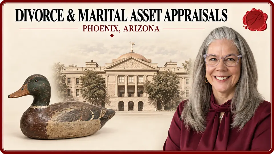 Divorce & Marital Asset Appraisals card with a painted wooden duck decoy, an appraiser portrait and the Arizona Capitol in Phoenix, Arizona.