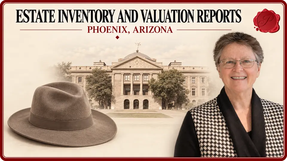 Estate Inventory and Valuation Reports card with a plain felt hat, an appraiser portrait and the Arizona Capitol in Phoenix, Arizona.