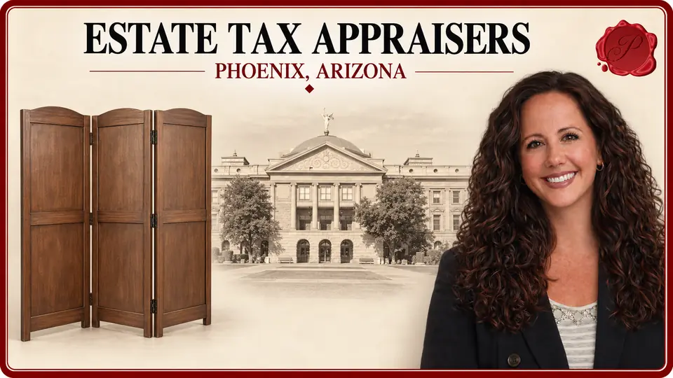 Estate Tax Appraisers card with a three-panel wooden room divider, an appraiser portrait and the Arizona Capitol in Phoenix, Arizona.