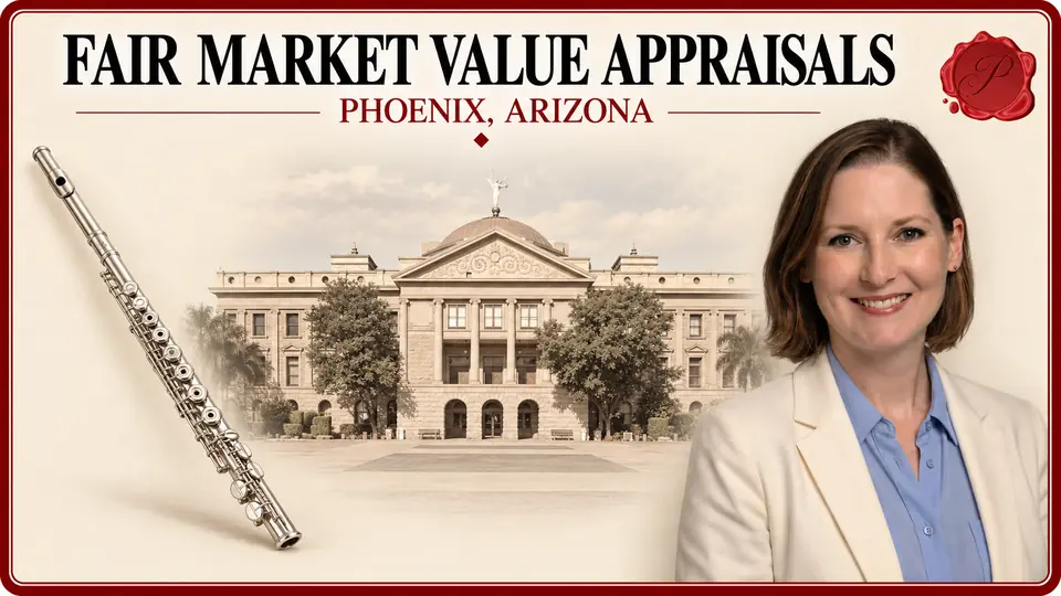 Fair Market Value Appraisals card with a silver-colored flute, an appraiser portrait and the Arizona Capitol in Phoenix, Arizona.