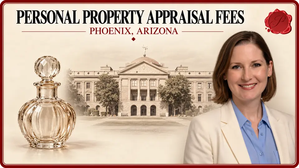 Personal Property Appraisal Fees card with a clear glass perfume bottle, an appraiser portrait and the Arizona Capitol in Phoenix, Arizona.
