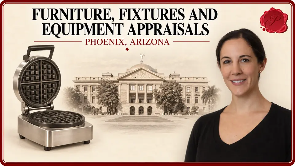 Furniture, Fixtures and Equipment Appraisals card with an open waffle iron, an appraiser portrait and the Arizona Capitol in Phoenix, Arizona.