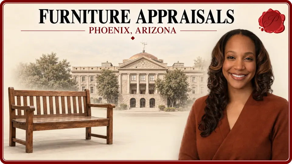 Furniture Appraisals card with a wooden bench, an appraiser portrait and the Arizona Capitol in Phoenix, Arizona.