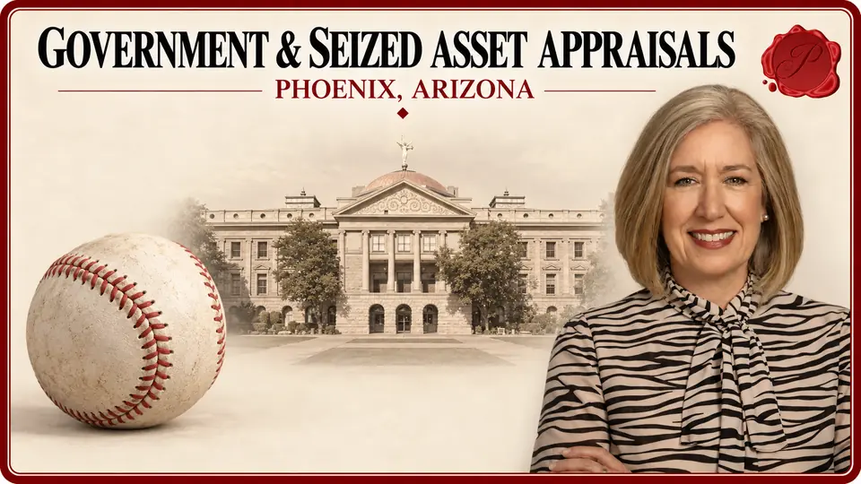 Government & Seized Asset Appraisals card with an unbranded baseball, an appraiser portrait and the Arizona Capitol in Phoenix, Arizona.