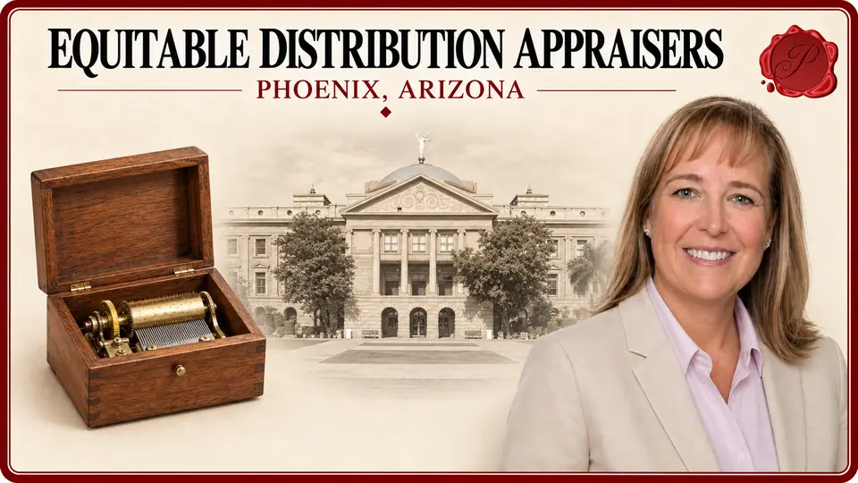 Equitable Distribution Appraisers card with an open wooden music box, an appraiser portrait and the Arizona Capitol in Phoenix, Arizona.