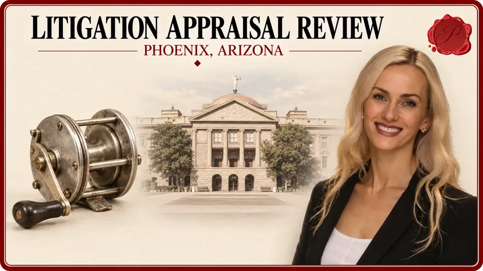 Litigation Appraisal Review card with a metal fishing reel, an appraiser portrait and the Arizona Capitol in Phoenix, Arizona.