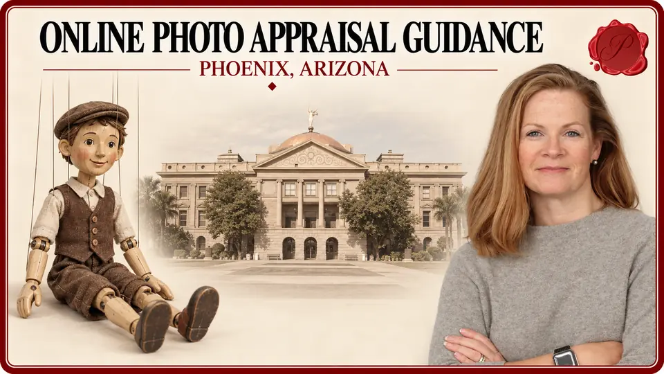 Online Photo Appraisal Guidance card with a wooden marionette puppet, an appraiser portrait and the Arizona Capitol in Phoenix, Arizona.