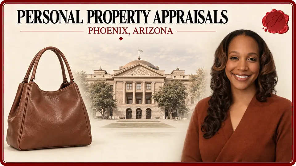 Personal Property Appraisals card with a plain brown leather handbag, an appraiser portrait and the Arizona Capitol in Phoenix, Arizona.