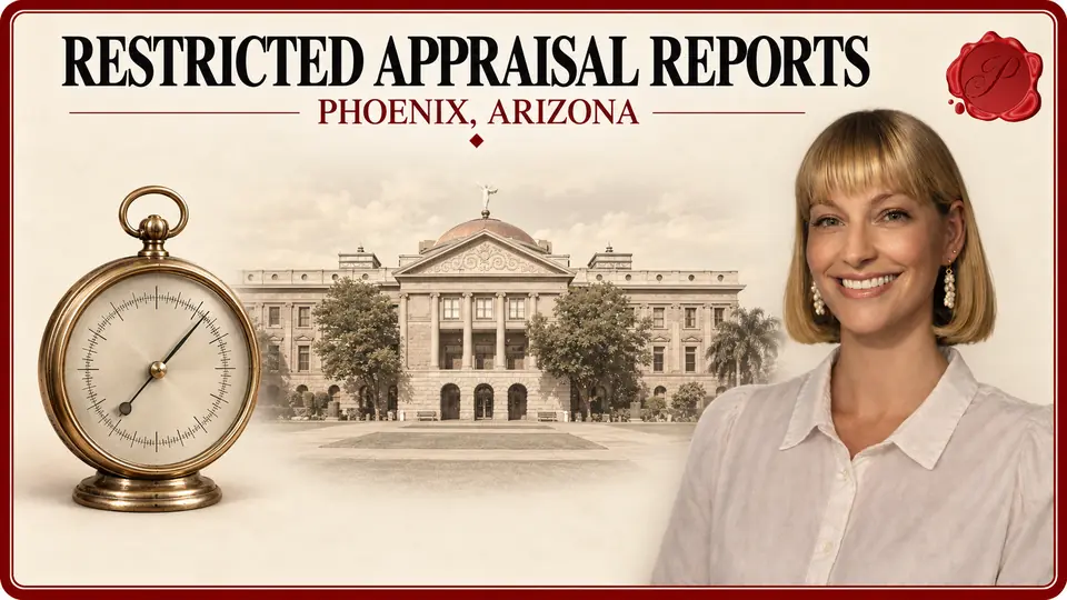 Restricted Appraisal Reports card with a brass-colored barometer, an appraiser portrait and the Arizona Capitol in Phoenix, Arizona.