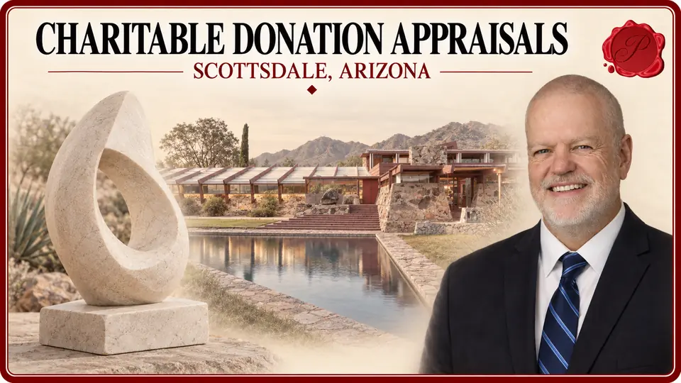 Charitable Donation Appraisals in Scottsdale, Arizona, with an abstract stone sculpture on its integral base, an appraiser portrait and Taliesin West.