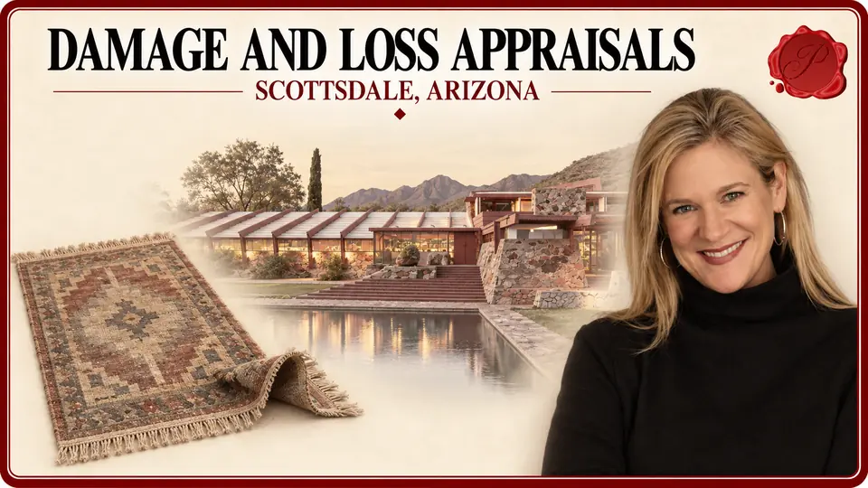 Damage and Loss Appraisals in Scottsdale, Arizona, with a geometric rug with a curled corner, an appraiser portrait and Taliesin West.