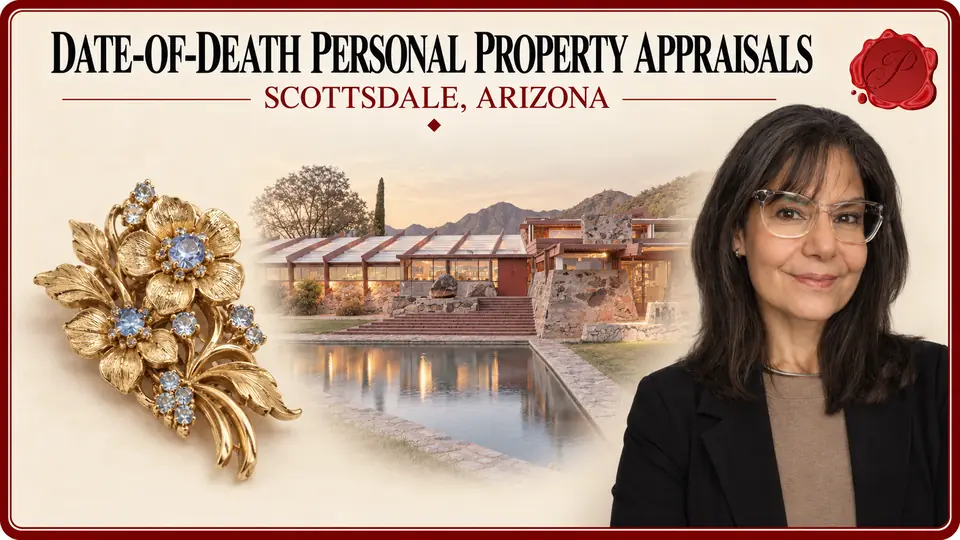 Date-of-Death Personal Property Appraisals in Scottsdale, Arizona, with a floral gold brooch with blue stones, an appraiser portrait and Taliesin West.