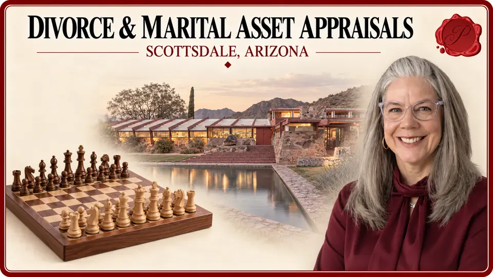 Divorce & Marital Asset Appraisals in Scottsdale, Arizona, with a wooden chess set, an appraiser portrait and Taliesin West.