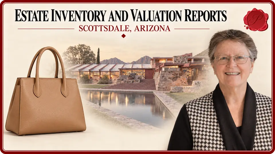 Estate Inventory and Valuation Reports in Scottsdale, Arizona, with a tan leather handbag, an appraiser portrait and Taliesin West.