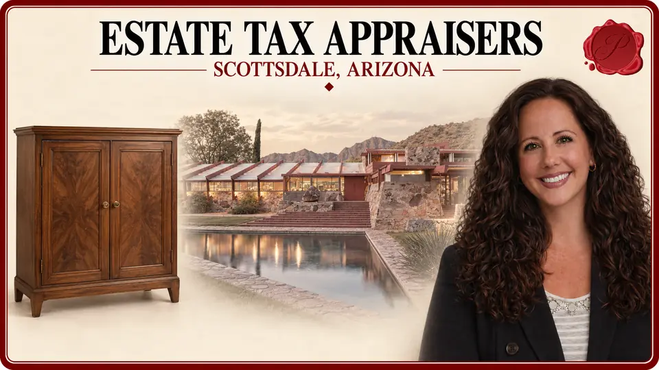Estate Tax Appraisers in Scottsdale, Arizona, with a closed wooden cabinet, an appraiser portrait and Taliesin West.