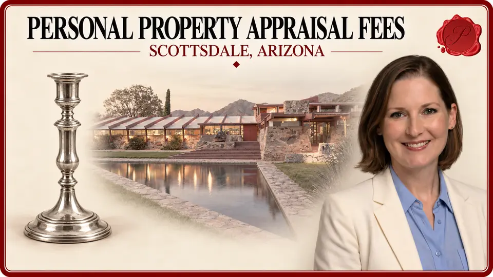 Personal Property Appraisal Fees in Scottsdale, Arizona, with an empty silver-colored candlestick, an appraiser portrait and Taliesin West.