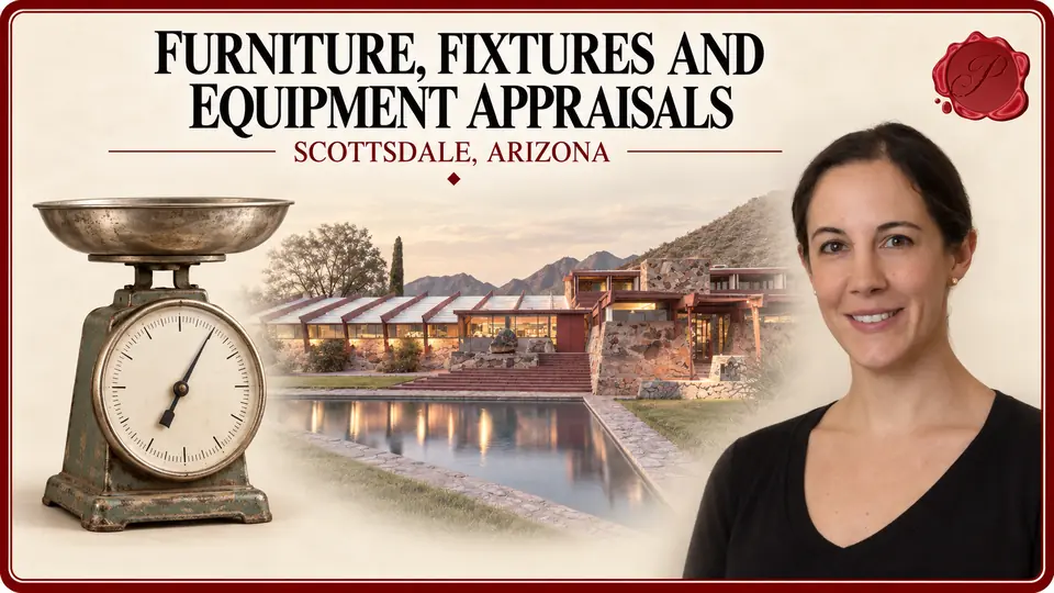 Furniture, Fixtures and Equipment Appraisals in Scottsdale, Arizona, with a mechanical scale with an unnumbered dial, an appraiser portrait and Taliesin West.
