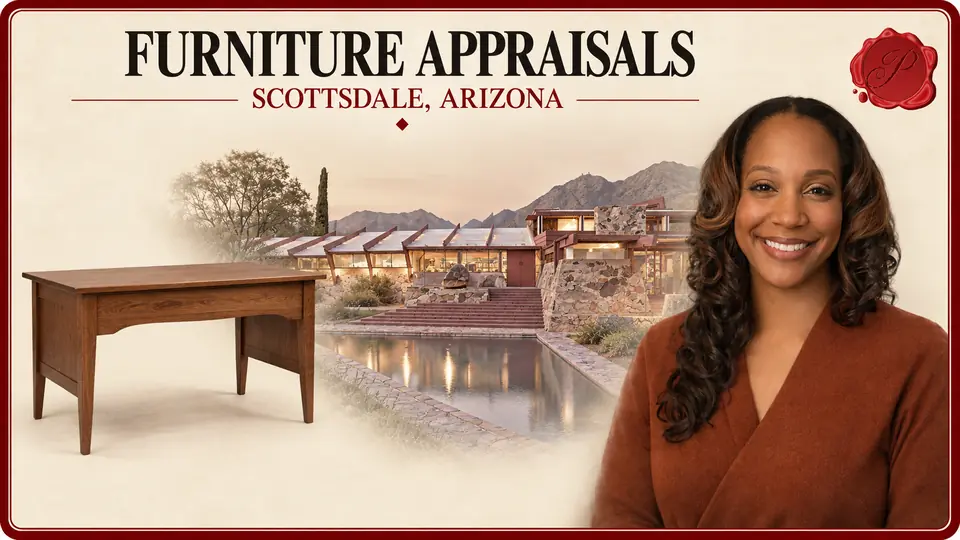 Furniture Appraisals in Scottsdale, Arizona, with a wooden writing desk with an empty top, an appraiser portrait and Taliesin West.