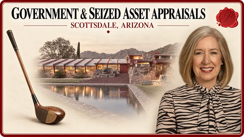 Government & Seized Asset Appraisals in Scottsdale, Arizona, with a wooden-headed golf club, an appraiser portrait and Taliesin West.