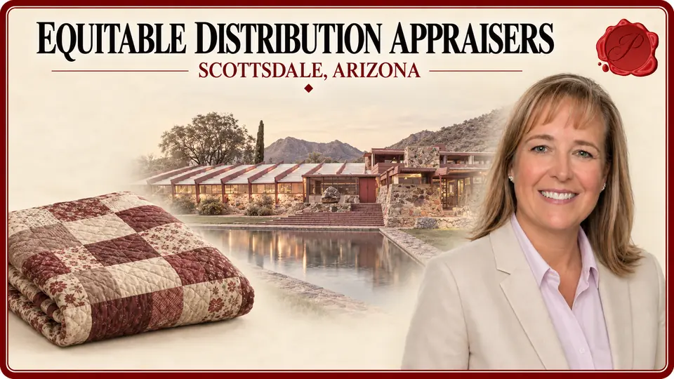 Equitable Distribution Appraisers in Scottsdale, Arizona, with a folded patchwork quilt, an appraiser portrait and Taliesin West.