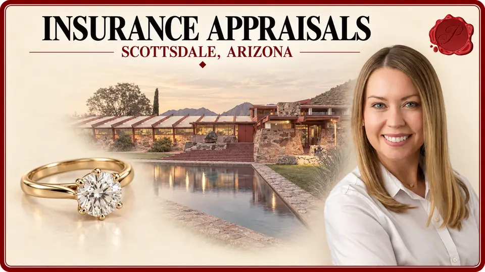 Insurance Appraisals in Scottsdale, Arizona, with a gold-colored ring with a clear gemstone, an appraiser portrait and Taliesin West.