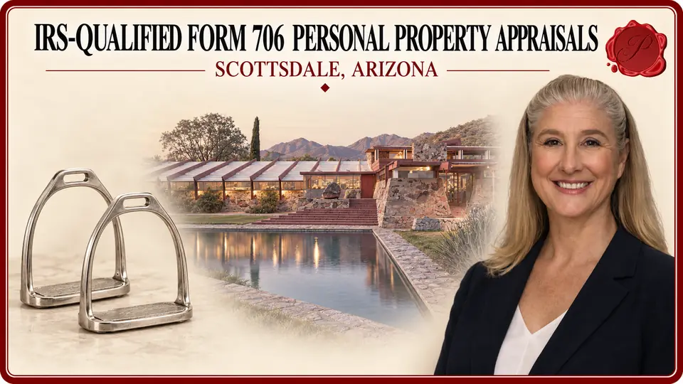 IRS-Qualified Form 706 Personal Property Appraisals in Scottsdale, Arizona, with a pair of metal riding stirrups, an appraiser portrait and Taliesin West.