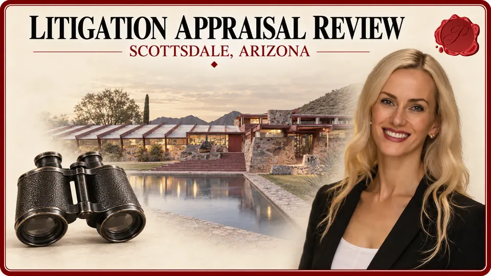 Litigation Appraisal Review in Scottsdale, Arizona, with black binoculars, an appraiser portrait and Taliesin West.