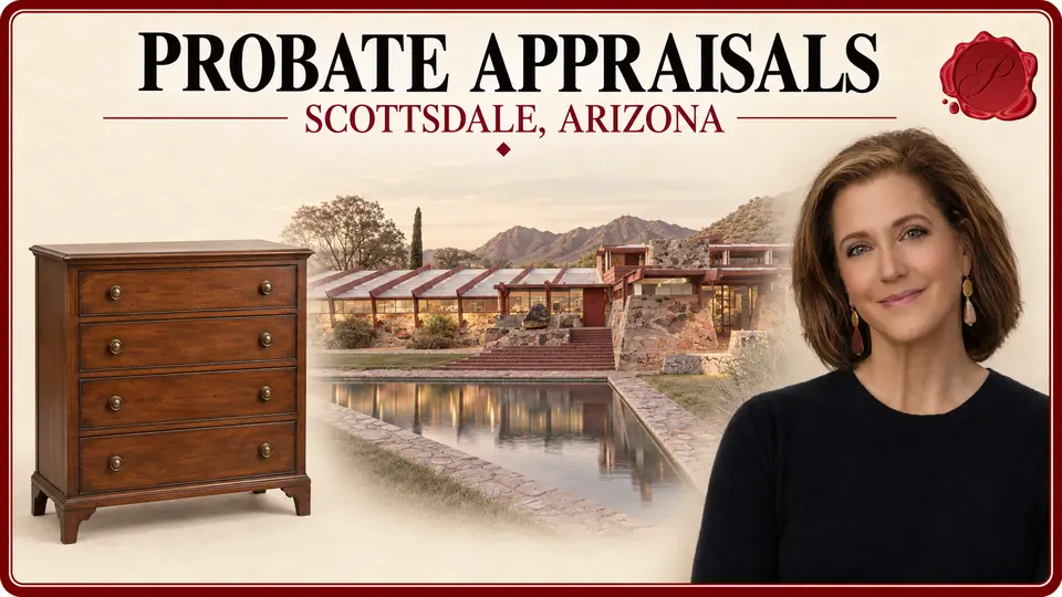 Probate Appraisals in Scottsdale, Arizona, with a wooden chest of drawers, an appraiser portrait and Taliesin West.