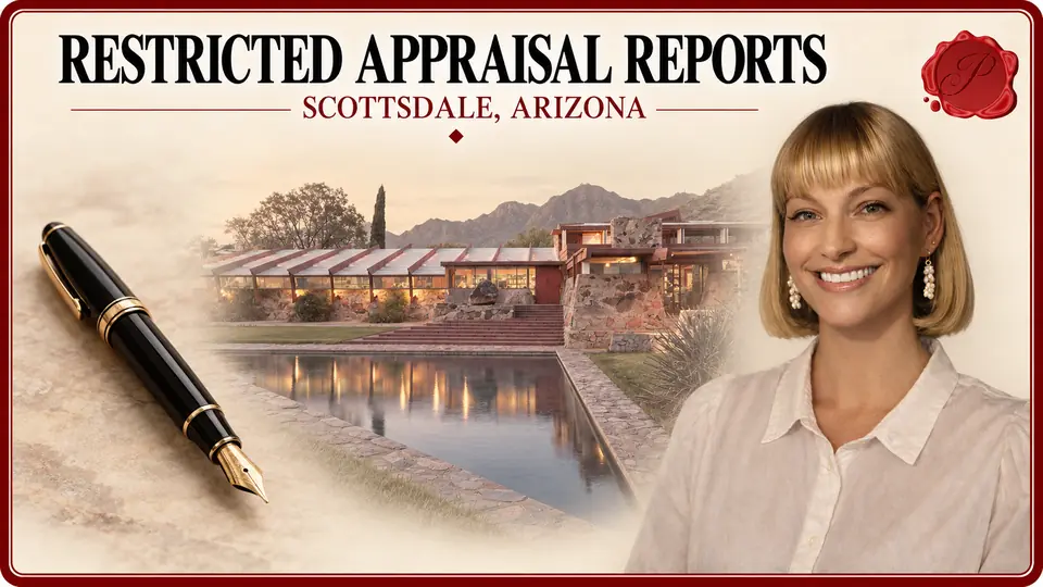 Restricted Appraisal Reports in Scottsdale, Arizona, with a black fountain pen with a gold-colored nib, an appraiser portrait and Taliesin West.