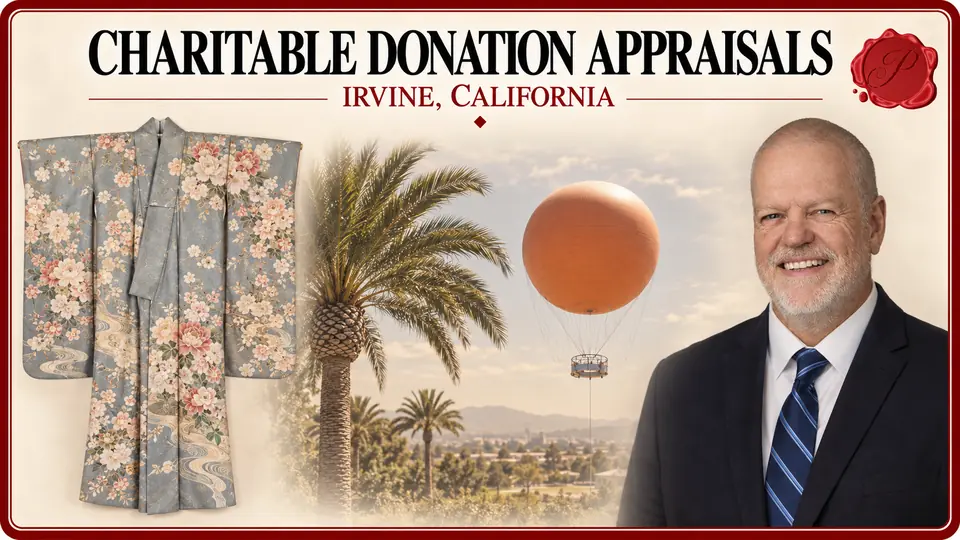 Charitable Donation Appraisals in Irvine, California, with a pale blue floral kimono, an appraiser portrait and Great Park Balloon.